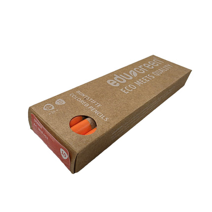Box of colored pencils with 'eduv green' branding on a white background