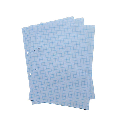 Three sheets of blue grid paper on a white background