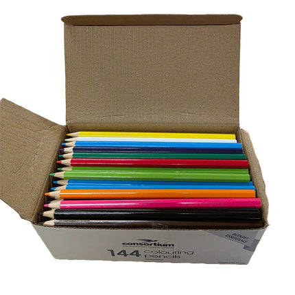 Box of Consortium coloring pencils with a variety of colors.