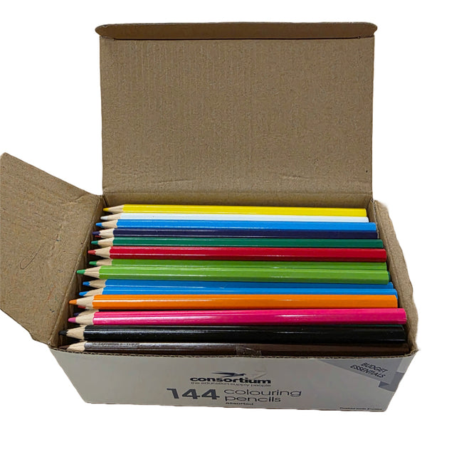 Box of Consortium coloring pencils with a variety of colors.