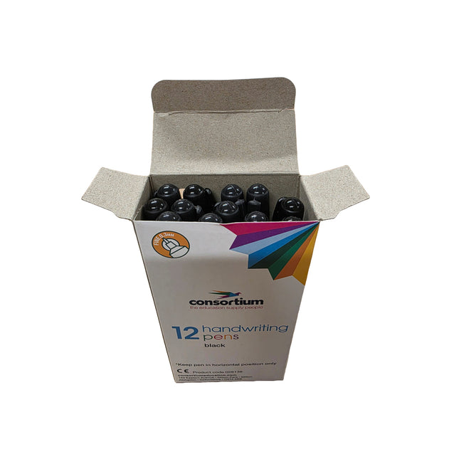 Box of 12 black handwriting pens by Consortium on a white background