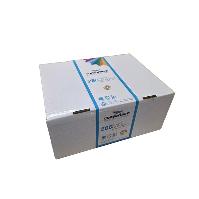 Box of Consortium Assorted Colour Broad Tip Fibre Pens on a white background