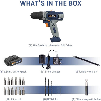 BLUE RIDGE 18V Cordless Drill Driver BR2809.1, Variable Speed Control, 21+1 Clutch Position, LED Light, 1 Battery Included - CLK Store