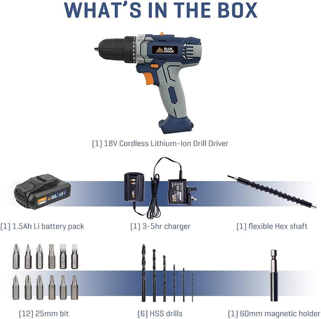 BLUE RIDGE 18V Cordless Drill Driver BR2809.1, Variable Speed Control, 21+1 Clutch Position, LED Light, 1 Battery Included - CLK Store