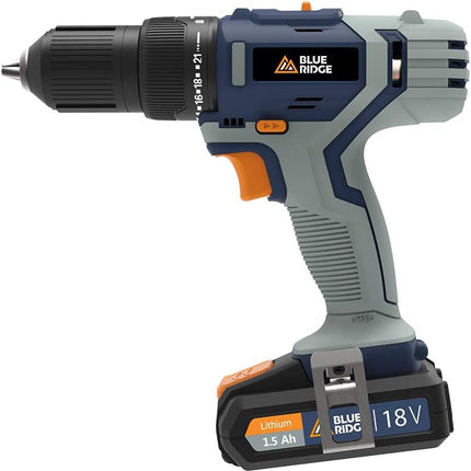 BLUE RIDGE Cordless Hammer Drill 20V Max with 2 x 1.5 Ah Li-ion Battery BR2808K2, 42N.m Combi Drill with 1hr Fast Charger, 13mm Keyless Chuck, Variable Speed,43pcs Free Accessories, Carry Case - CLK Store