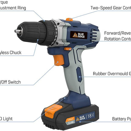 BLUE RIDGE 18V Cordless Drill Driver BR2809.1, Variable Speed Control, 21+1 Clutch Position, LED Light, 1 Battery Included - CLK Store