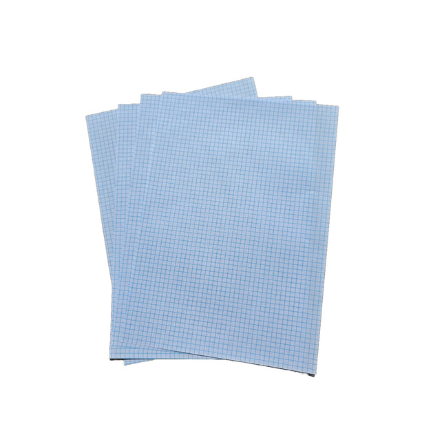 Three sheets of blue grid paper stacked on a white background