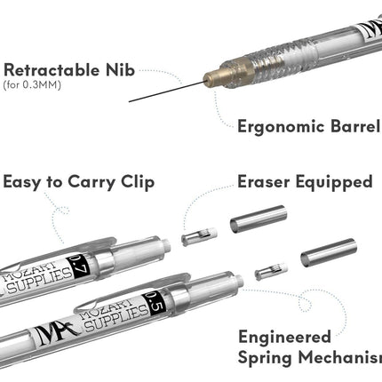 Mozart Fine Pencils Pack with Refills – 0.3mm to 0.9mm, Precision Drawing and Writing Instruments
