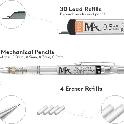 Mozart Fine Pencils Pack with Refills – 0.3mm to 0.9mm, Precision Drawing and Writing Instruments