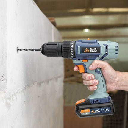 BLUE RIDGE Cordless Hammer Drill 20V Max with 2 x 1.5 Ah Li-ion Battery BR2808K2, 42N.m Combi Drill with 1hr Fast Charger, 13mm Keyless Chuck, Variable Speed,43pcs Free Accessories, Carry Case - CLK Store