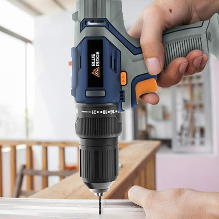 BLUE RIDGE Cordless Hammer Drill 20V Max with 2 x 1.5 Ah Li-ion Battery BR2808K2, 42N.m Combi Drill with 1hr Fast Charger, 13mm Keyless Chuck, Variable Speed,43pcs Free Accessories, Carry Case - CLK Store