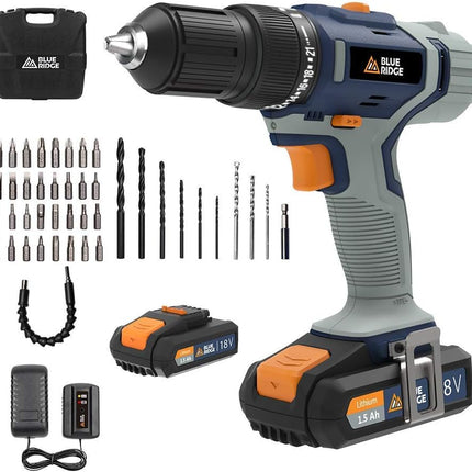 BLUE RIDGE Cordless Hammer Drill 20V Max with 2 x 1.5 Ah Li-ion Battery BR2808K2, 42N.m Combi Drill with 1hr Fast Charger, 13mm Keyless Chuck, Variable Speed,43pcs Free Accessories, Carry Case - CLK Store