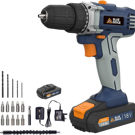 BLUE RIDGE 18V Cordless Drill Driver BR2809.1, Variable Speed Control, 21+1 Clutch Position, LED Light, 1 Battery Included - CLK Store