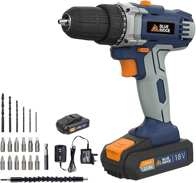 BLUE RIDGE 18V Cordless Drill Driver BR2809.1, Variable Speed Control, 21+1 Clutch Position, LED Light, 1 Battery Included - CLK Store