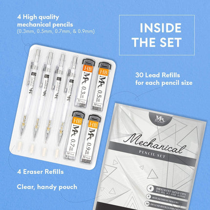 Mozart Fine Pencils Pack with Refills – 0.3mm to 0.9mm, Precision Drawing and Writing Instruments