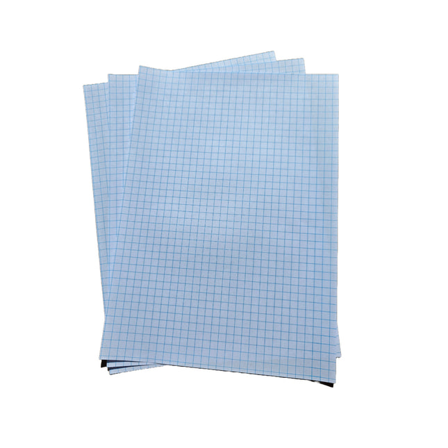 Stack of blue grid paper sheets on a white background