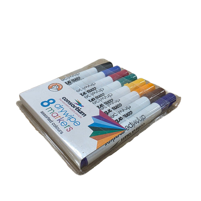 Set of dry wipe markers in assorted colors with a clear plastic cover on a white background.