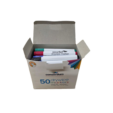 Box of Consortium drywipe markers with markers inside on a white background