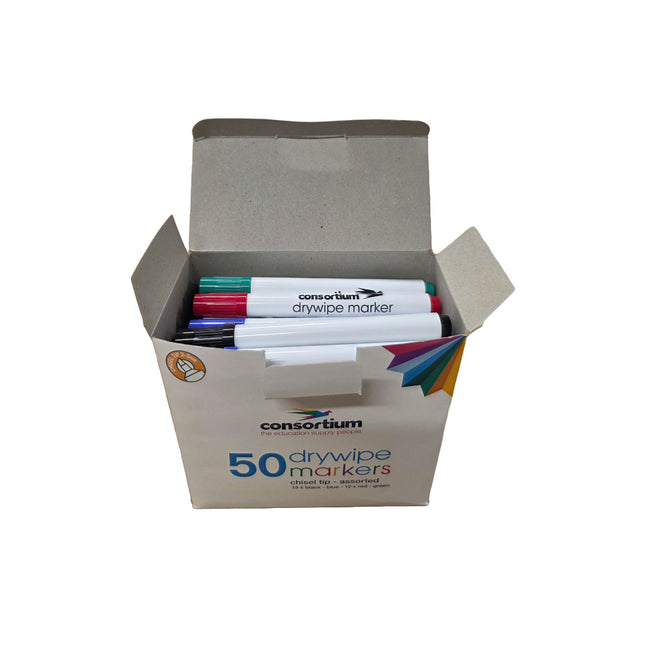 Box of Consortium drywipe markers with markers inside on a white background