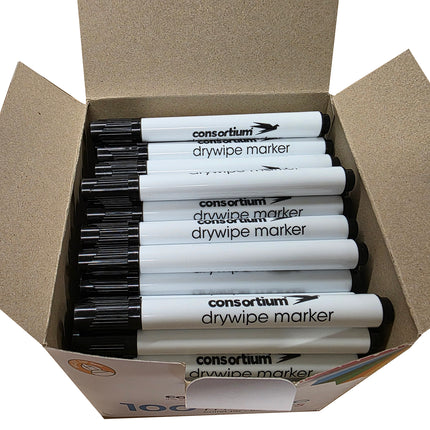 Box of consortium Black Drywipe Markers with visible branding