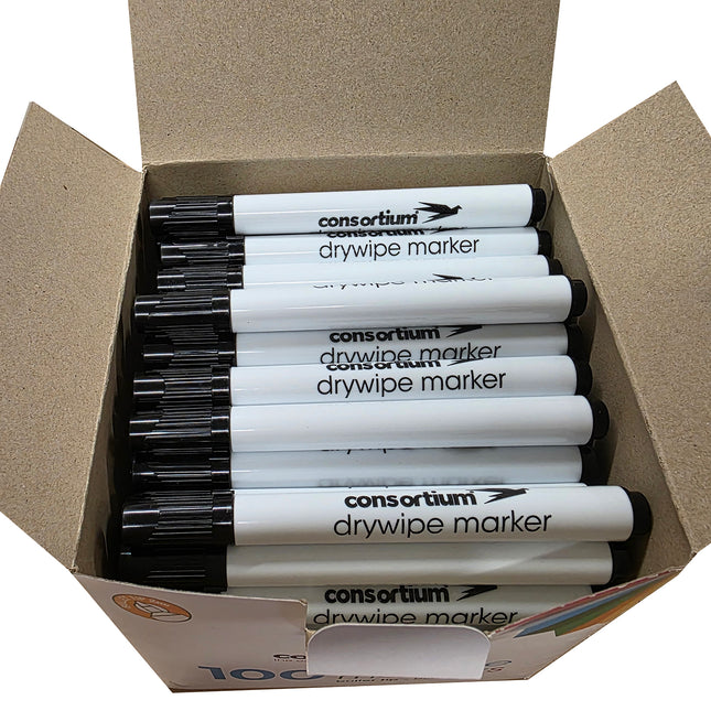 Box of consortium Black Drywipe Markers with visible branding