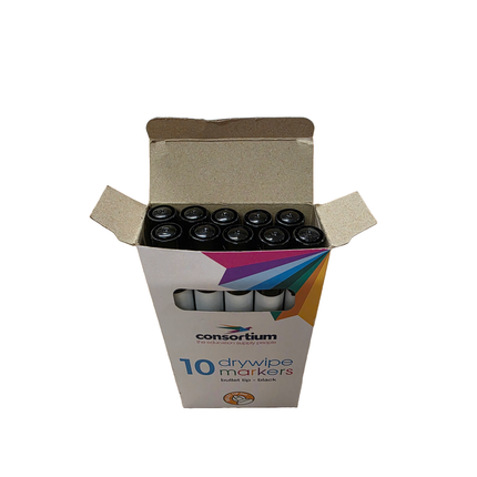 Box of Consortium drywipe markers with 10 markers inside on a white background