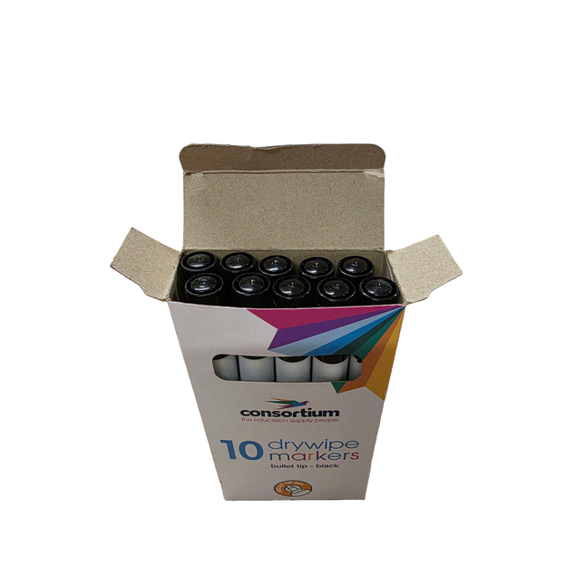 Box of Consortium drywipe markers with 10 markers inside on a white background