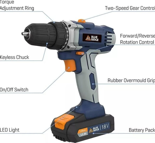 Blue Ridge cordless drill with labeled features on a white background