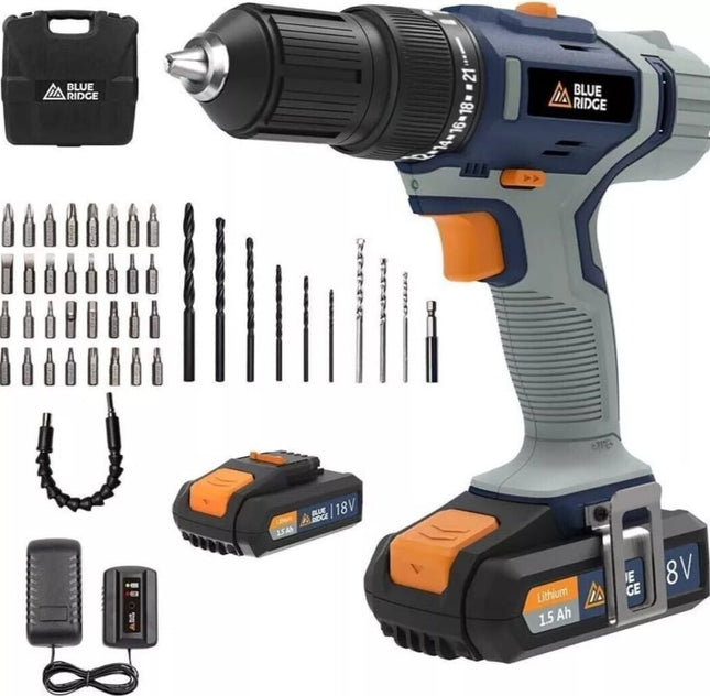 Blue Ridge power drill set with accessories on a white background