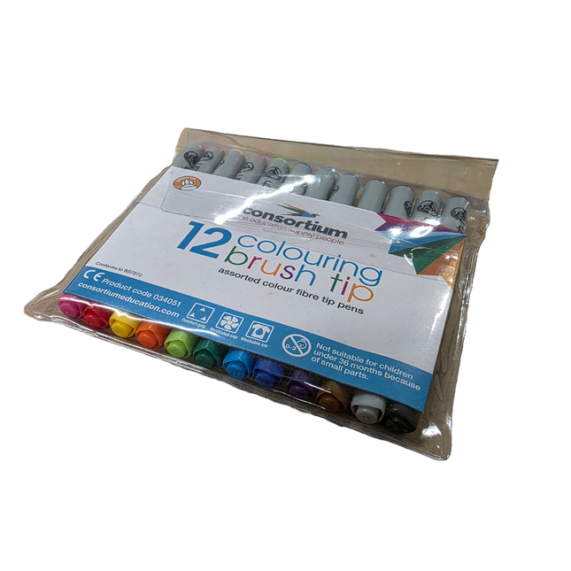 Pack of 12 Consortium colouring brush tip pens with a clear plastic cover on a white background.