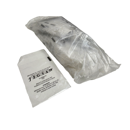 Clear plastic bag with a white label on a white background