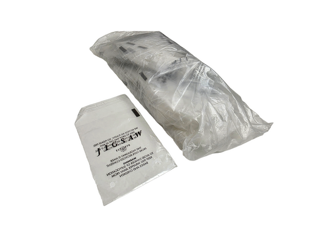 Clear plastic bag with a white label on a white background