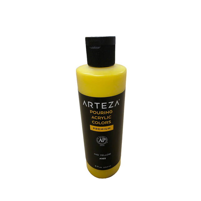 Yellow bottle of Arteza Pouring Acrylic Colors on a white background