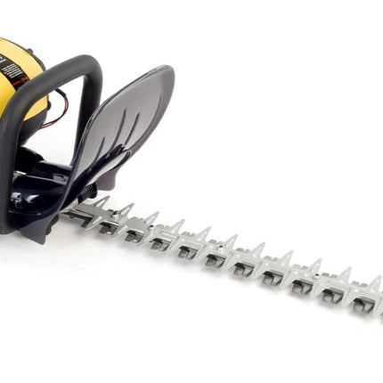 Hedge trimmer with yellow and black design on a white background