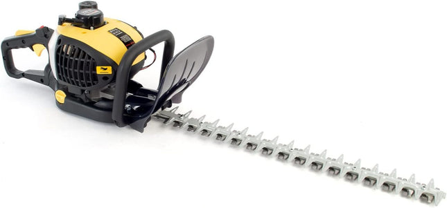 Hedge trimmer with yellow and black design on a white background