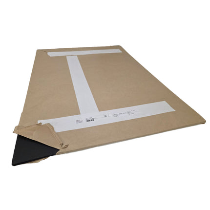 Brown cardboard box with a white label on a white background