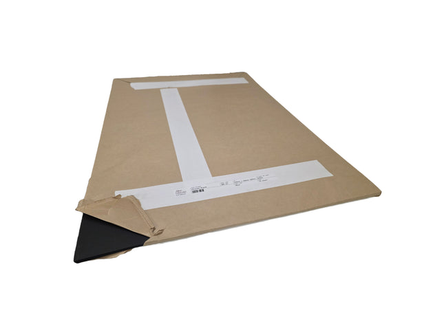 Brown cardboard box with a white label on a white background