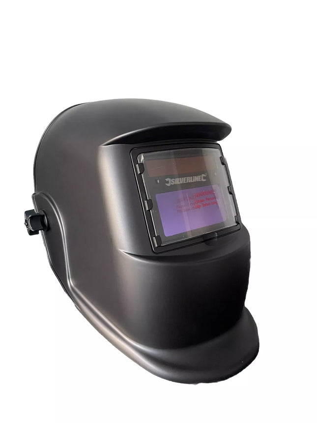 Black welding helmet with a clear visor on a white background