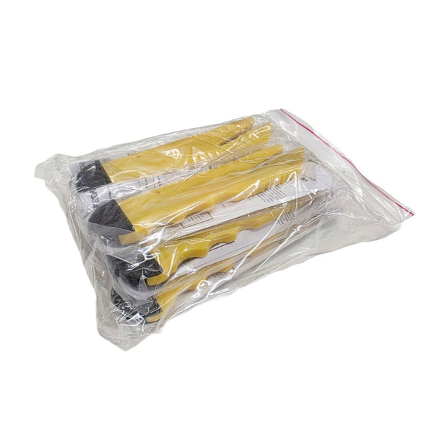 Set of yellow tools in a clear plastic bag on a white background