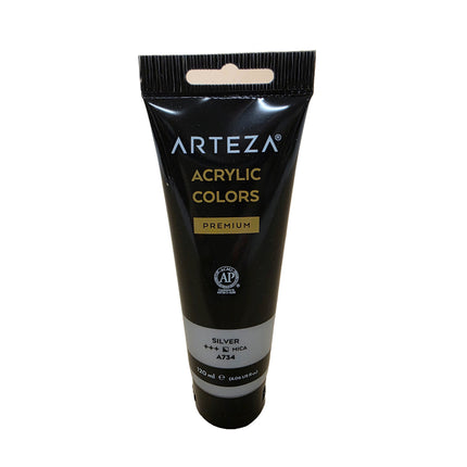 Arteza acrylic paint tube in silver color on a white background