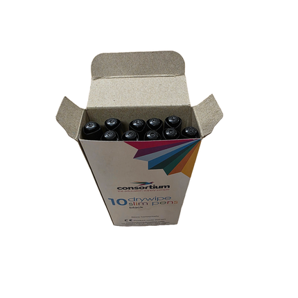 Box of Consortium drywipe slim pens on a white background