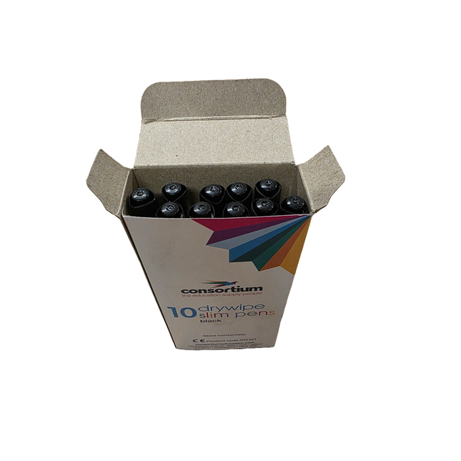 Box of Consortium drywipe slim pens on a white background