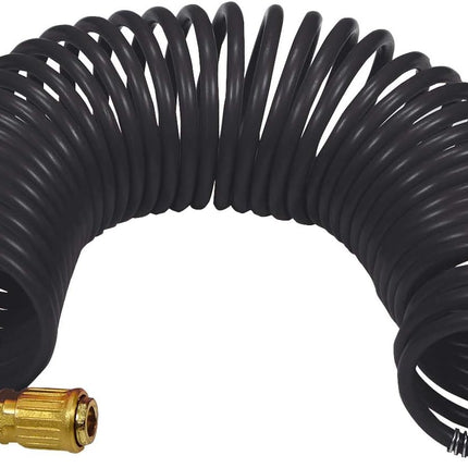 Coiled black hose with brass fitting on a white background
