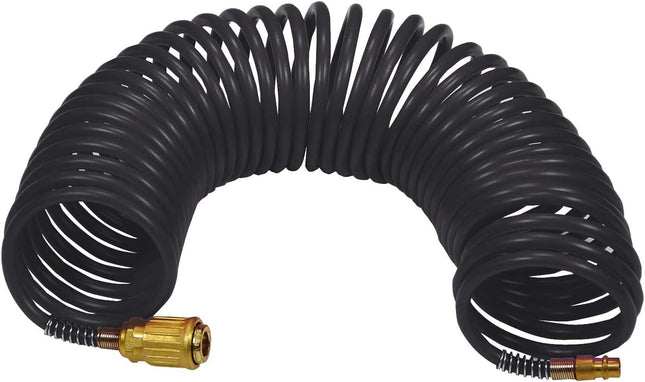 Coiled black hose with brass fitting on a white background