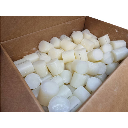 Box filled with white cylindrical objects on a white background