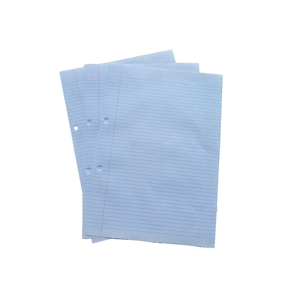 Three sheets of blue lined paper on a white background