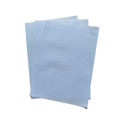 Stack of blue lined paper sheets on a white background