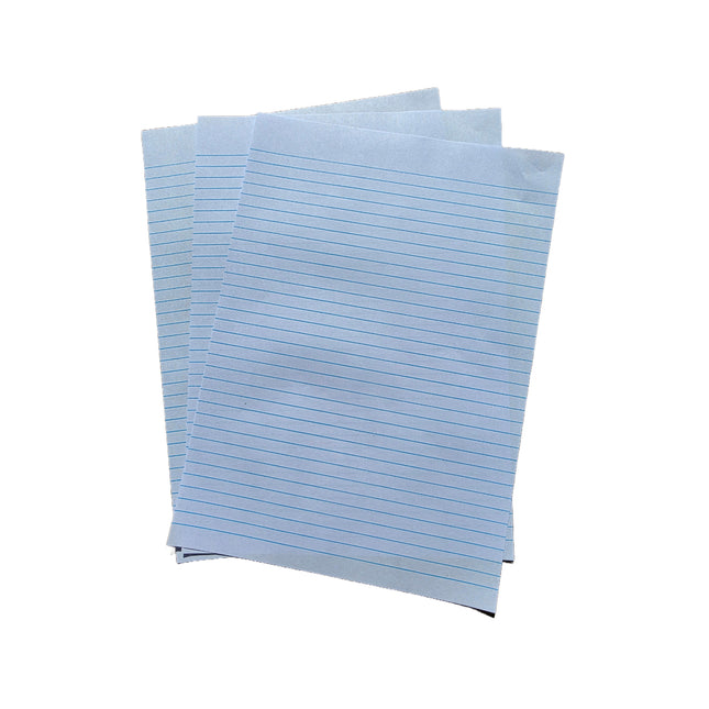 Stack of blue lined paper sheets on a white background