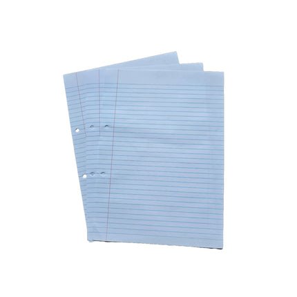 Three sheets of blue lined paper on a white background