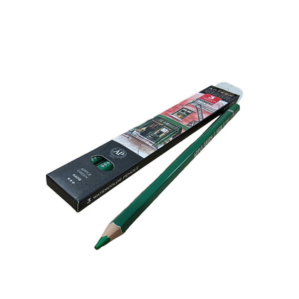 Green pencil with packaging on a white background